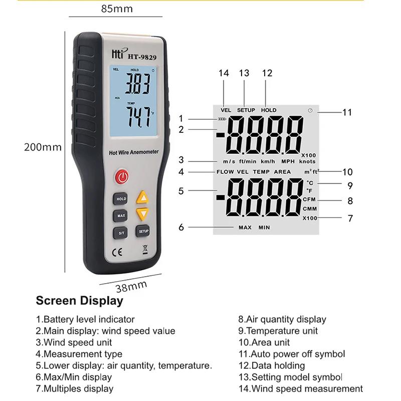 HTI HT-9829 High Sensitivie Digital Portable Wind Speed Meter Hot Wire ...