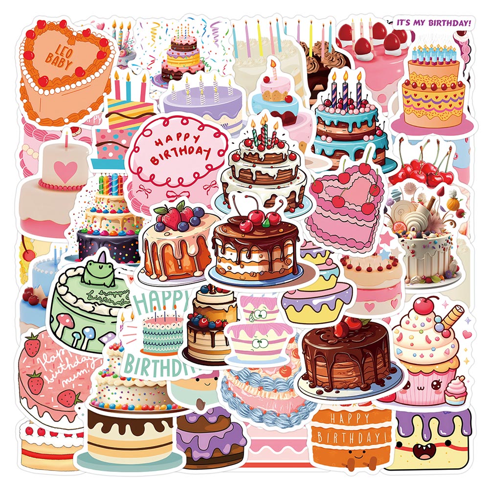 56pcs Cute Cartoon Cakes Stickers Happy Birthday Decal Kids Toy DIY ...