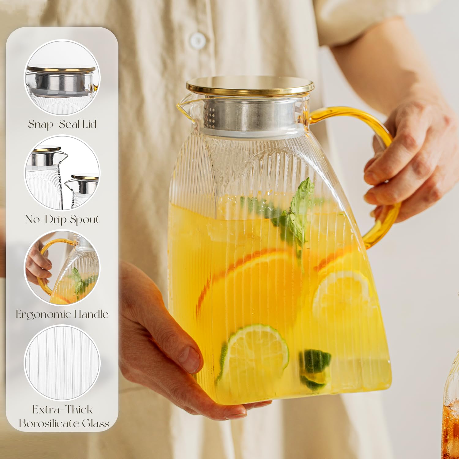 Water Pitcher Glass, 1.8L/63oz Fridge Door Pitcher with Stainless Steel ...