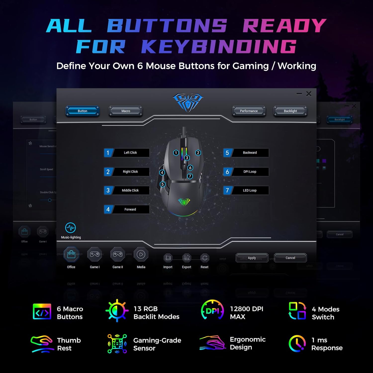 Aula F815 RGB Wired Gaming Mouse 12800 DPI PC Gaming Mouse 6 ...