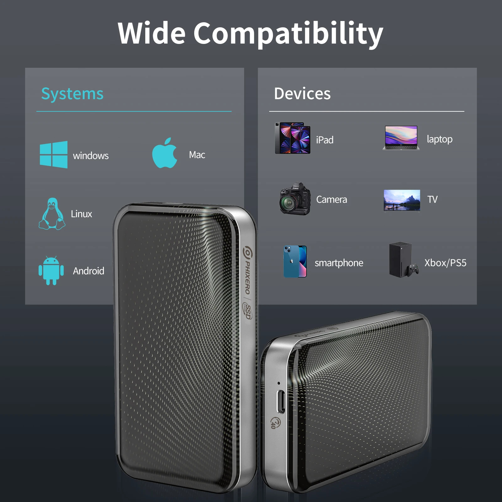 PHIXERO Portable SSD USB3.2 Gen 2 Type C 20Gbps 1TB 2TB External Solid ...