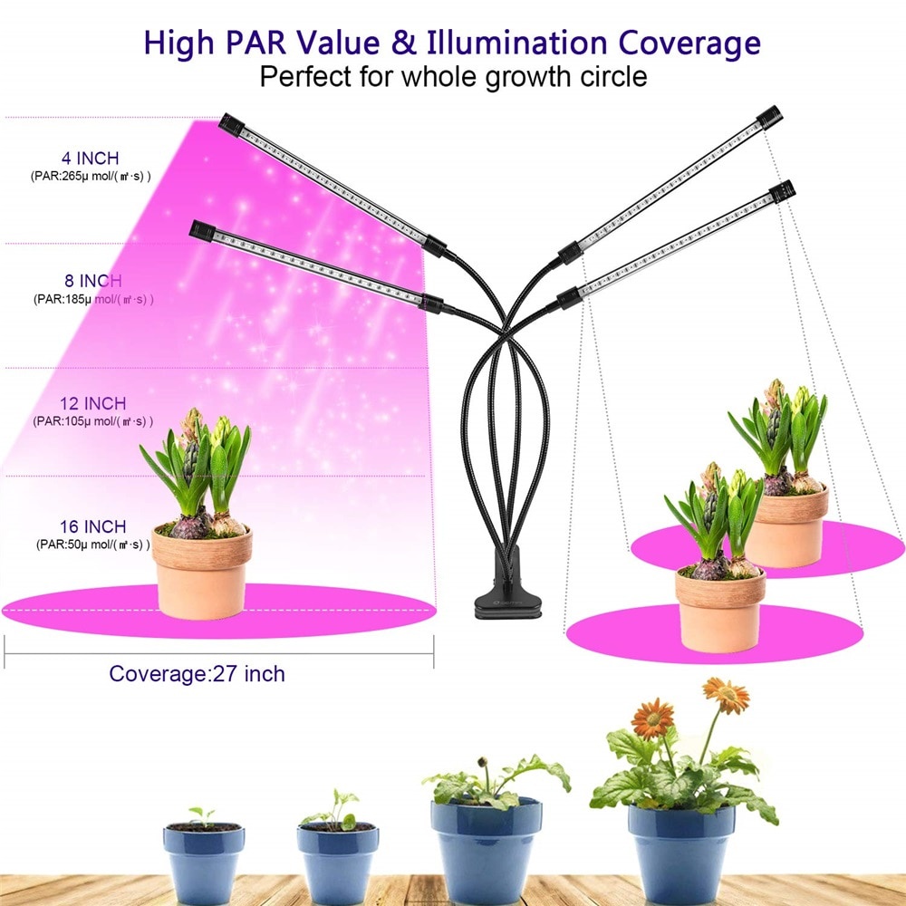 4 Head 40W LED Grow Light Plant UV LED Growing Lamp Full Spectrum 9 ...