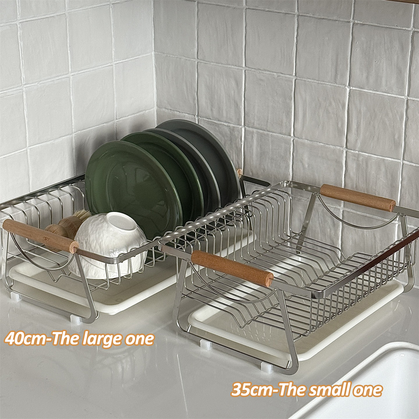 LivinEase Stainless Steel Dish Rack with Wooden Handle and Removable ...