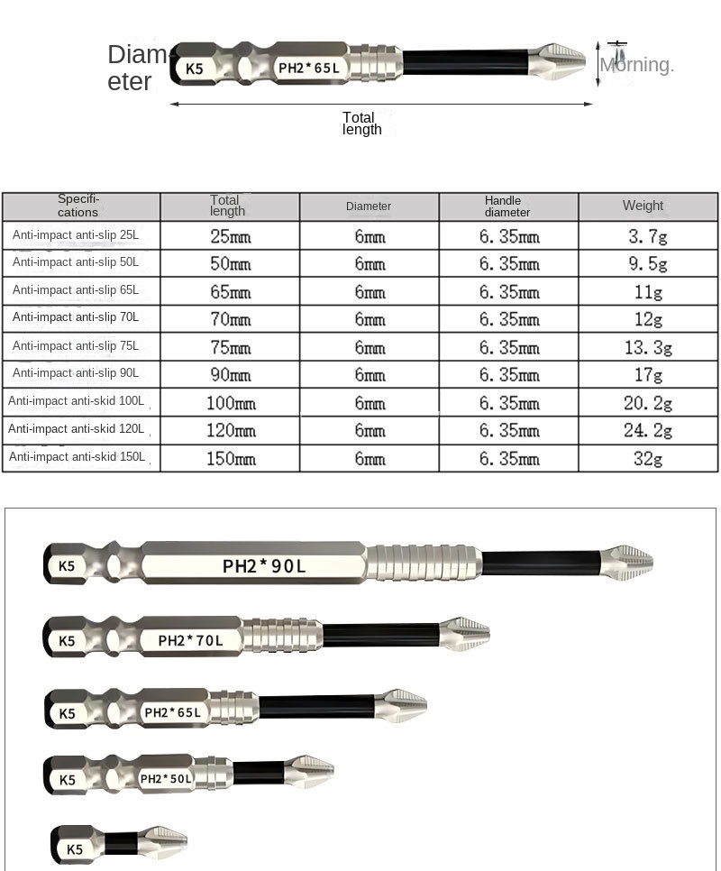 K5 Sand-Grain Nickel Torque Bit PH2 Strong Magnetic Anti-Slip Impact ...