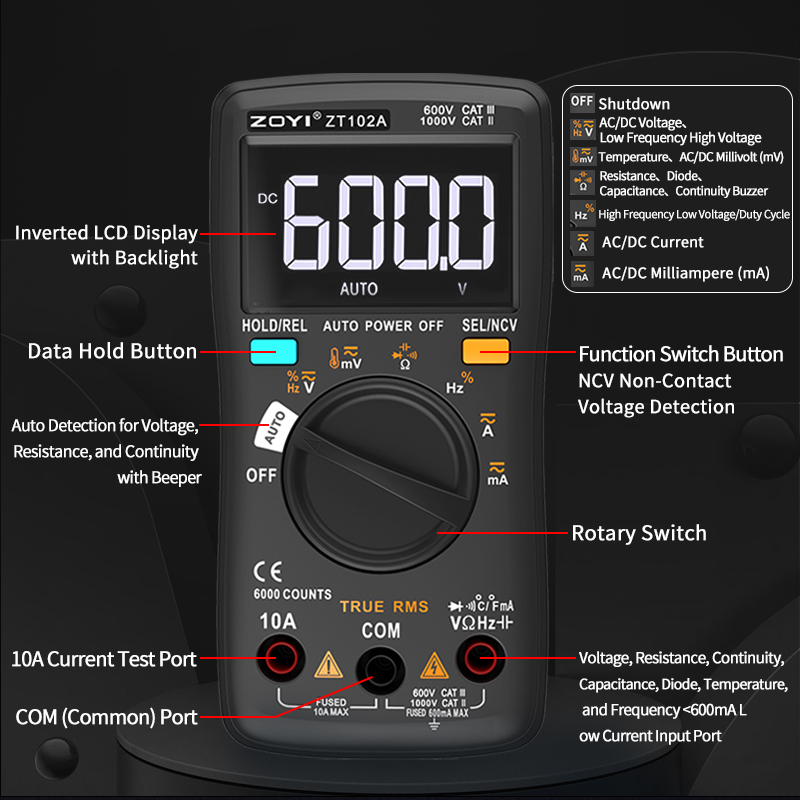 ZOYI ZT-102A Portable Digital Multimeter 6000 Counts True RMS Auto ...