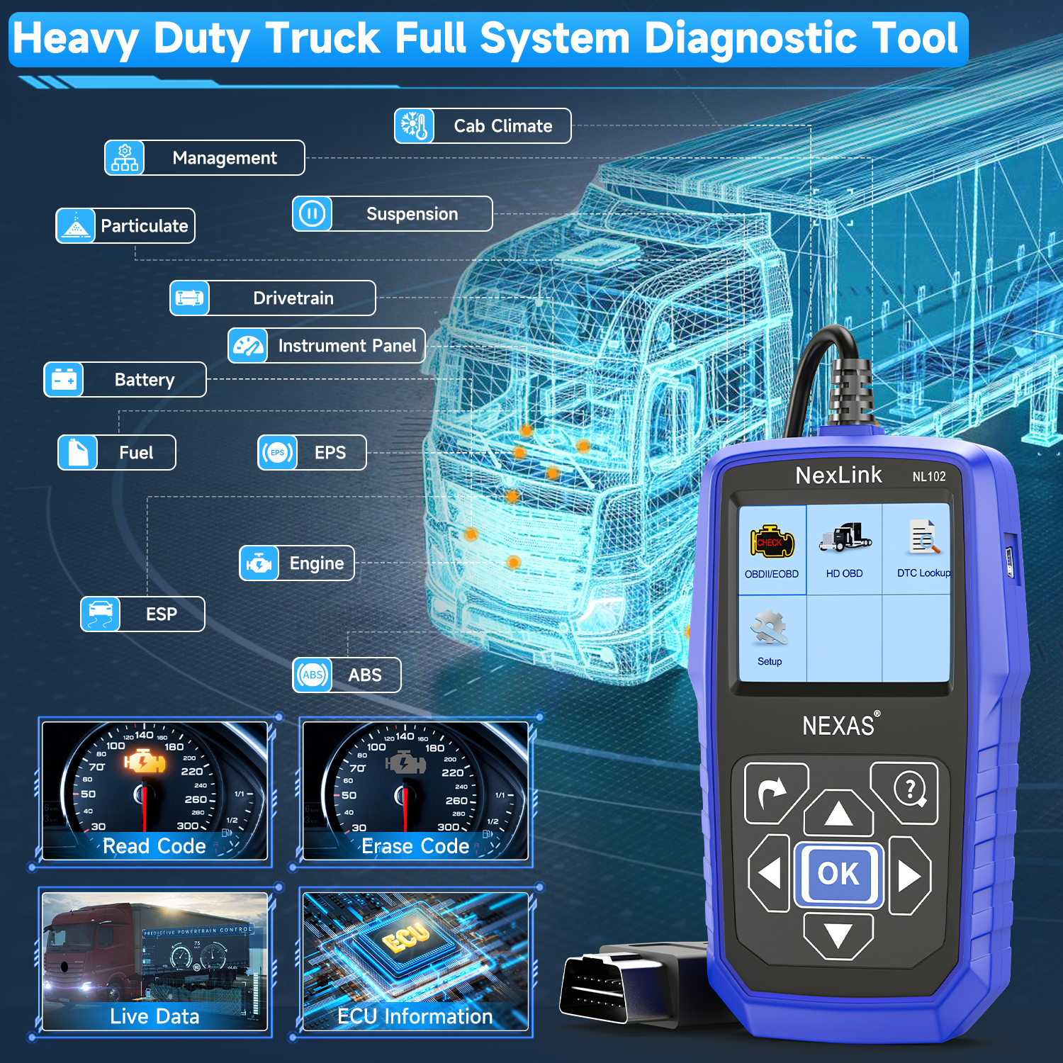 NEXAS NL102 Plus – Valise Diagnostic Camion Lourd, Lecture DPF Et Reset Huile