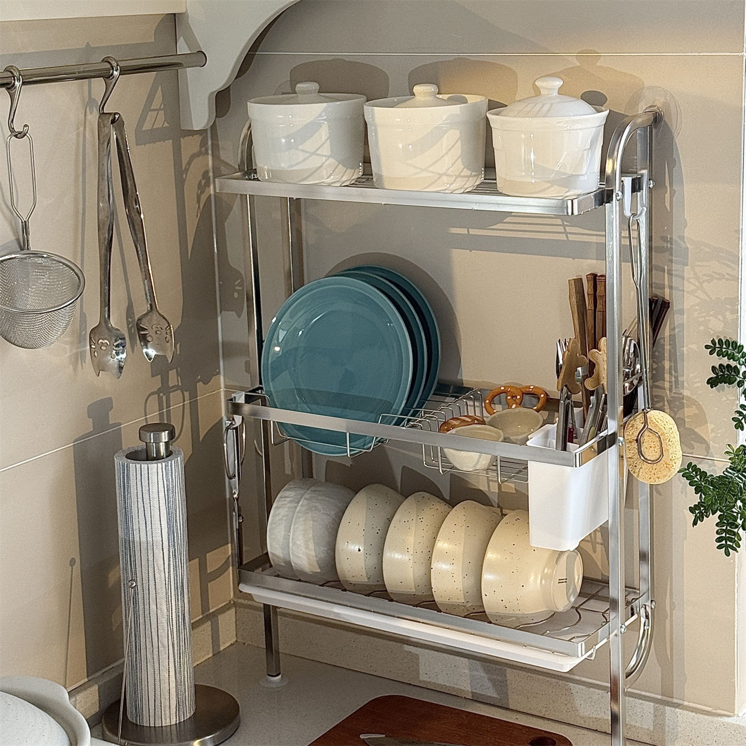 SimpleJoy Stainless Steel Wall Dish Rack with Drainer 3 Tiers Sink Side ...