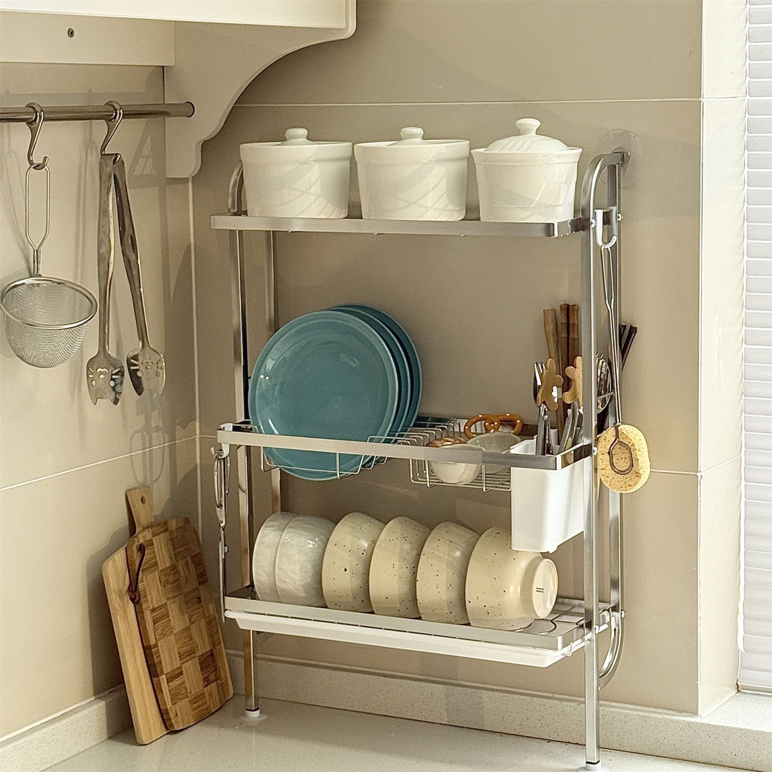SimpleJoy Stainless Steel Wall Dish Rack with Drainer 3 Tiers Sink Side ...