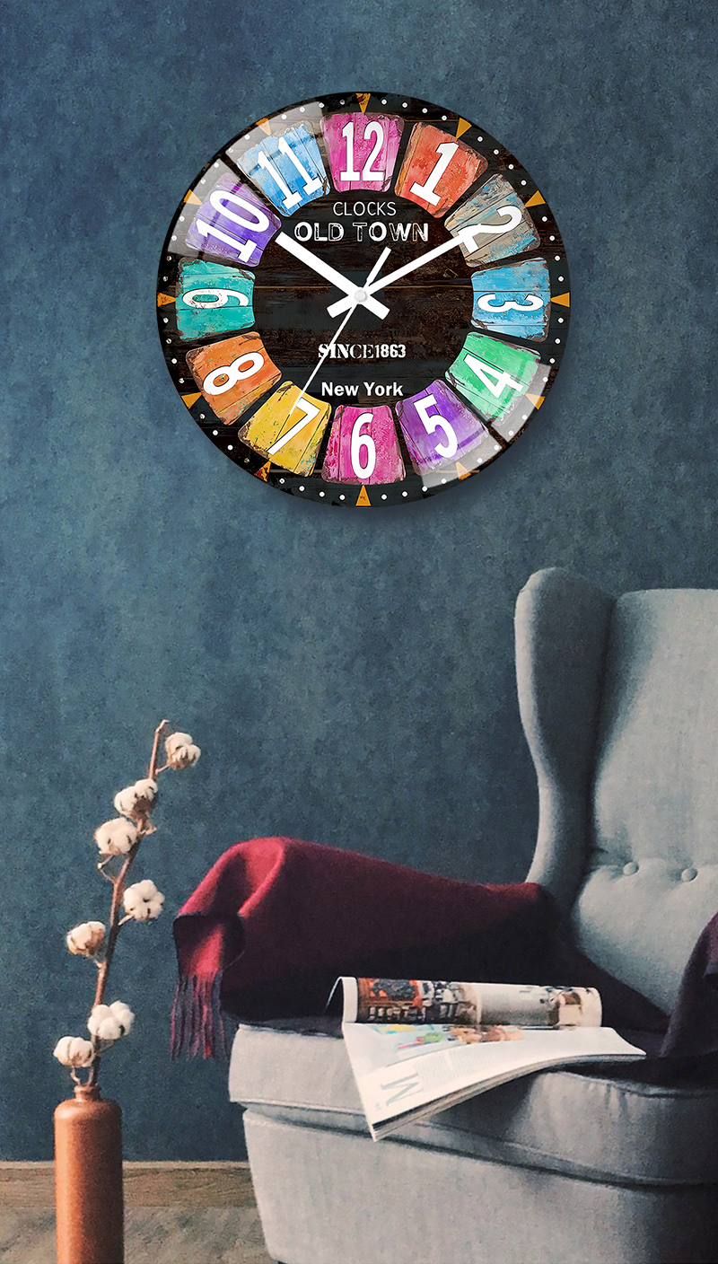 14' 12' Tempered film cover Wall clock Wooden Retro Clock Living Room ...