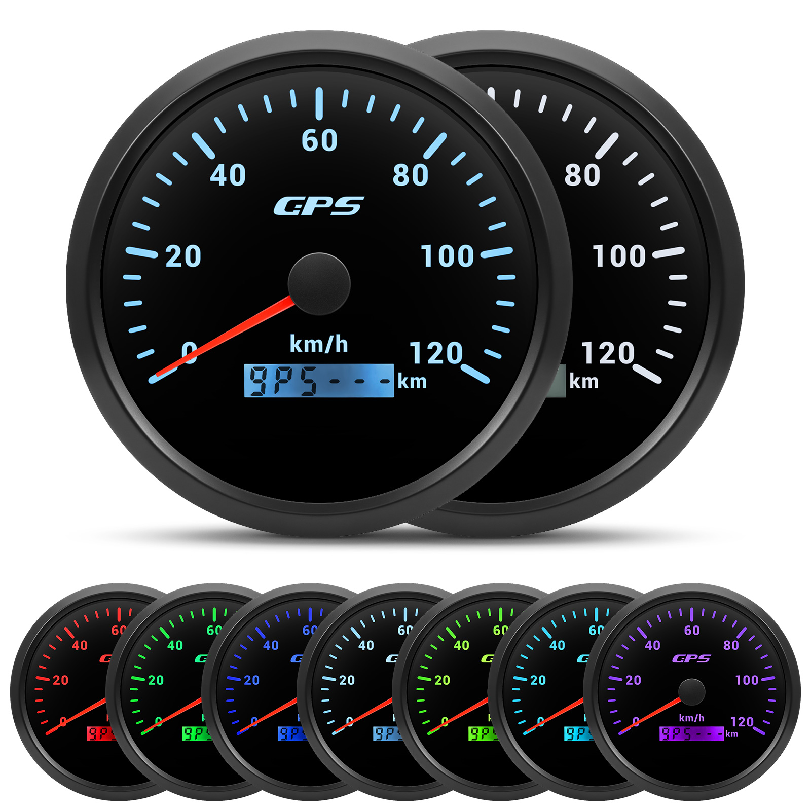 110mm 120KMH Marine GPS Speedometer Black Universal 7 Color LED ...