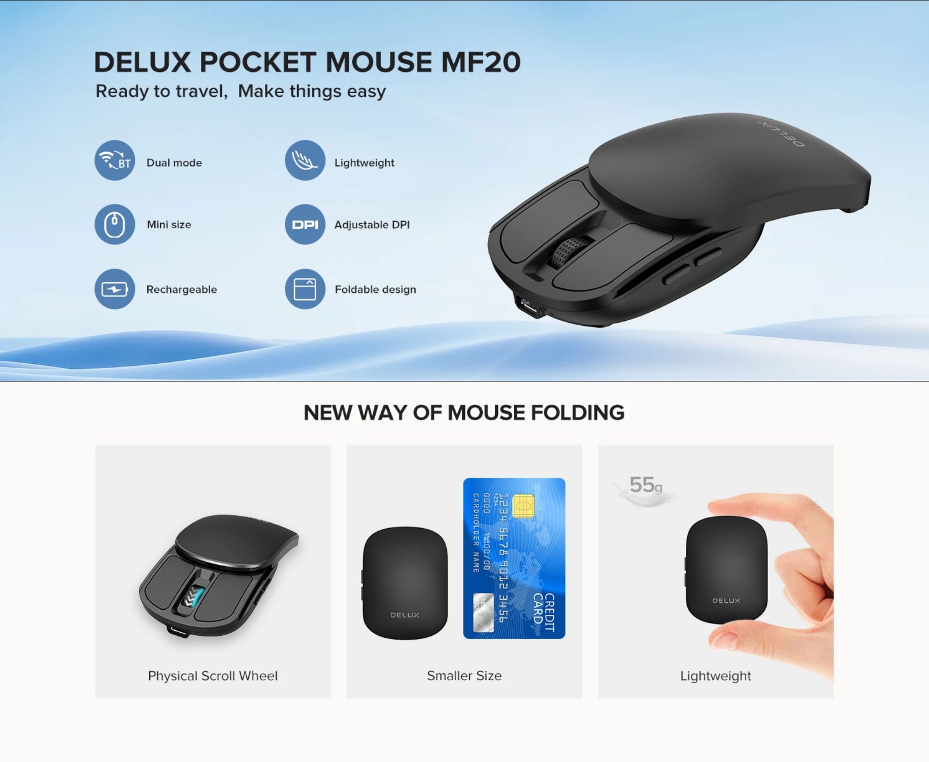 Delux MF20 Wireless Folding Mouse Ultralight 50g Portable Silent Click ...