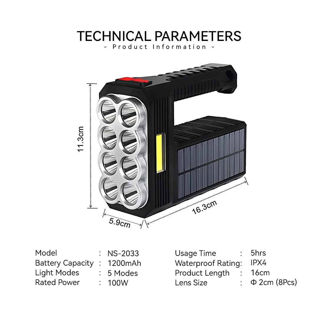 NSS 100W Solar Flashlight Rechargeable Handlamp Waterproof Strong Light ...