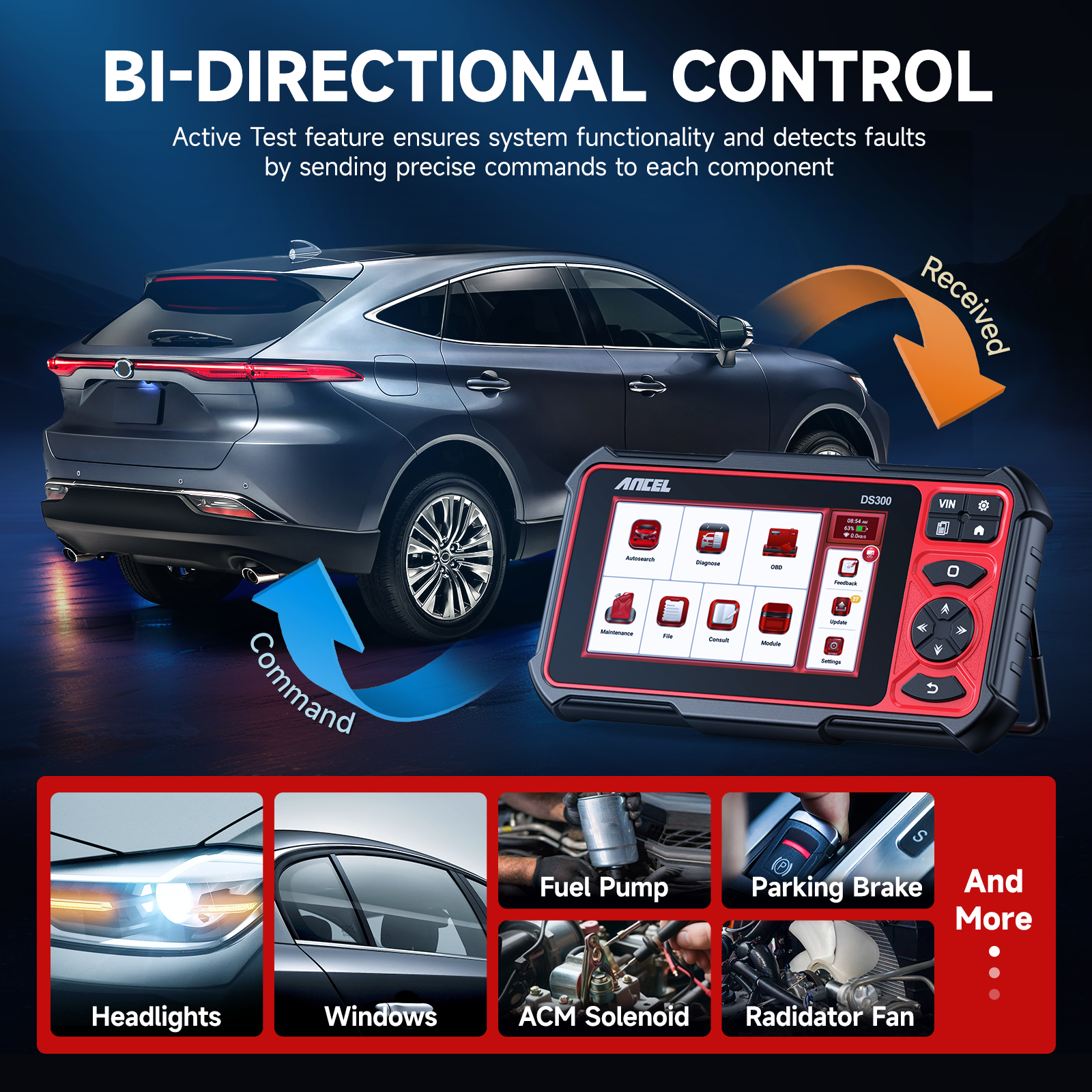 ANCEL DS300 Automotive Bi-directional Full System OBD2 Scanner ECU ...