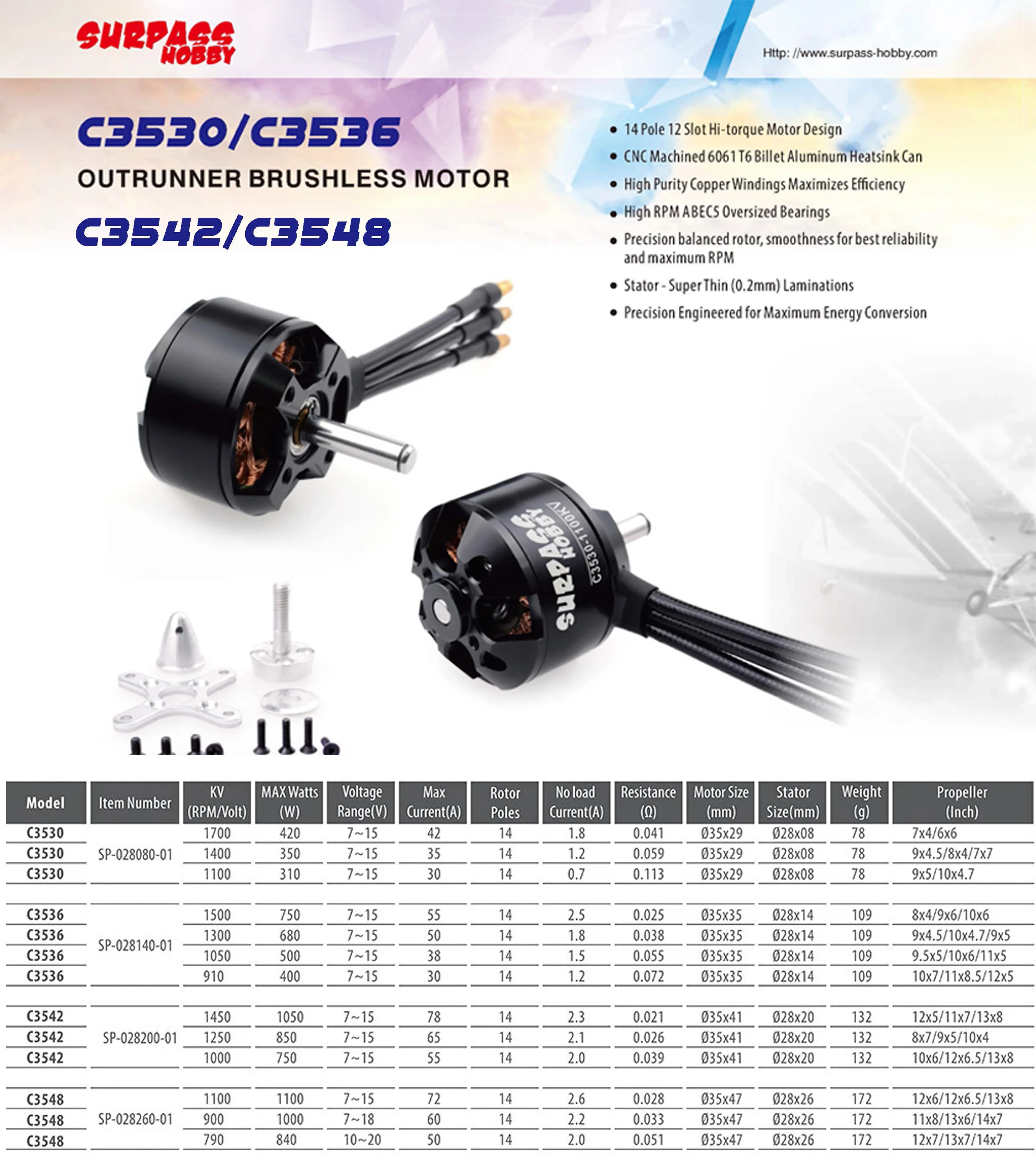Surpass Hobby C3542 1000KV 1250KV 1450KV Outrunner Brushless Motor 50A ...