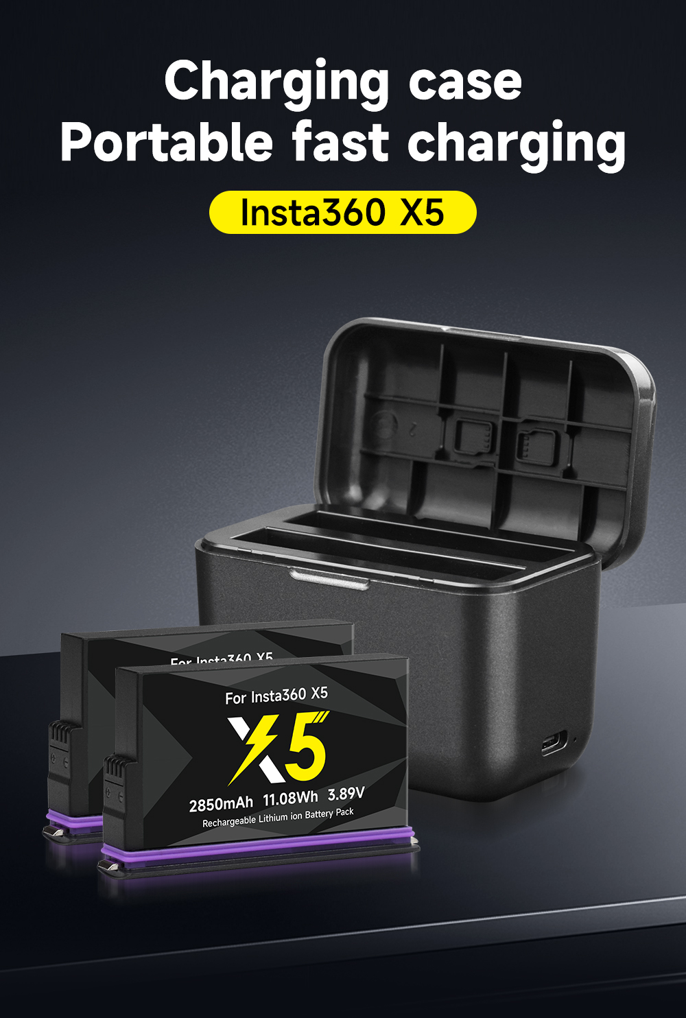 Para Insta360 X5 batería 2850mAh 2 tarjetas caja de almacenamiento de caja de carga rápida con