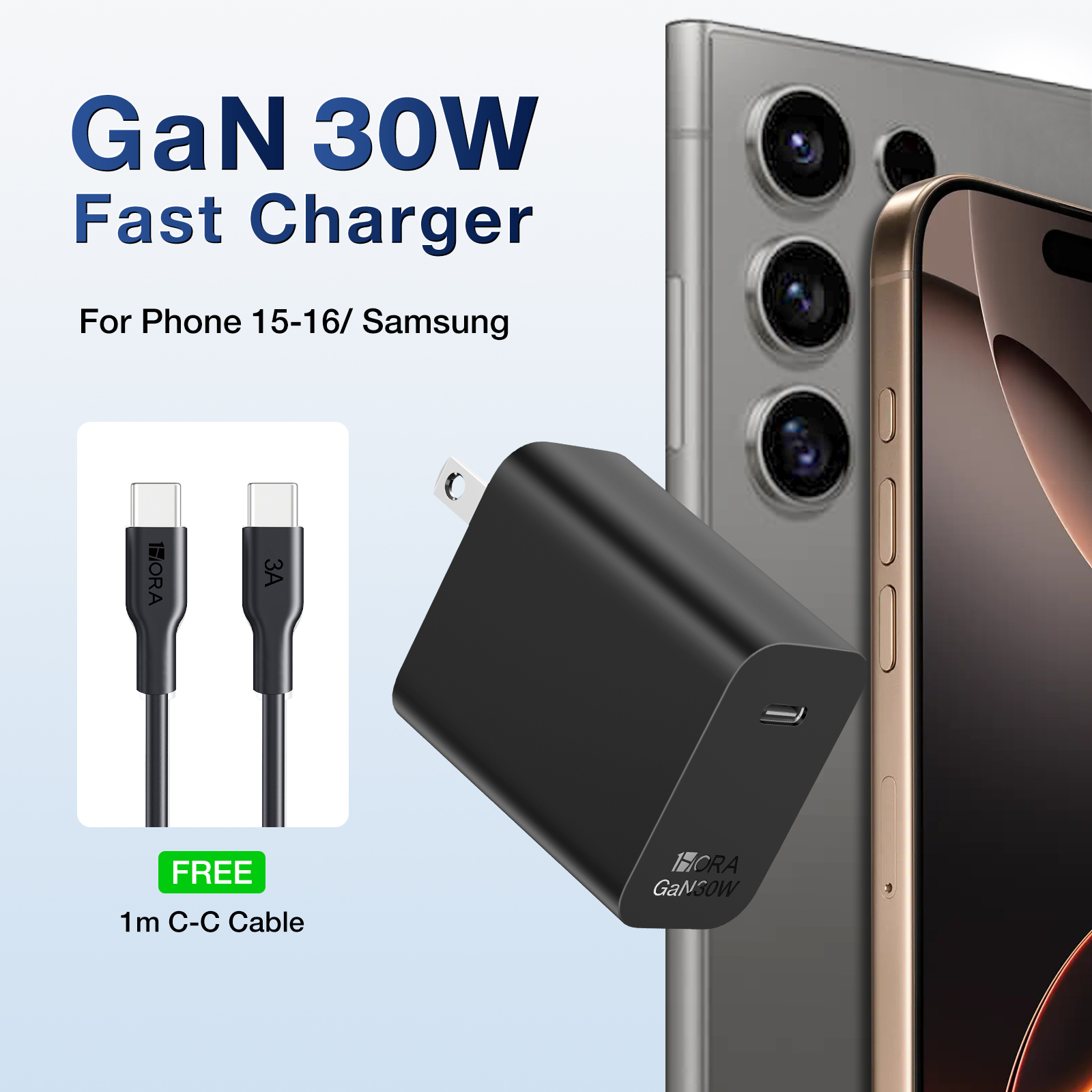 1HORA GaN 30W PD Type C Charger USB-C Fast Charging with 1M Type-C 3A ...