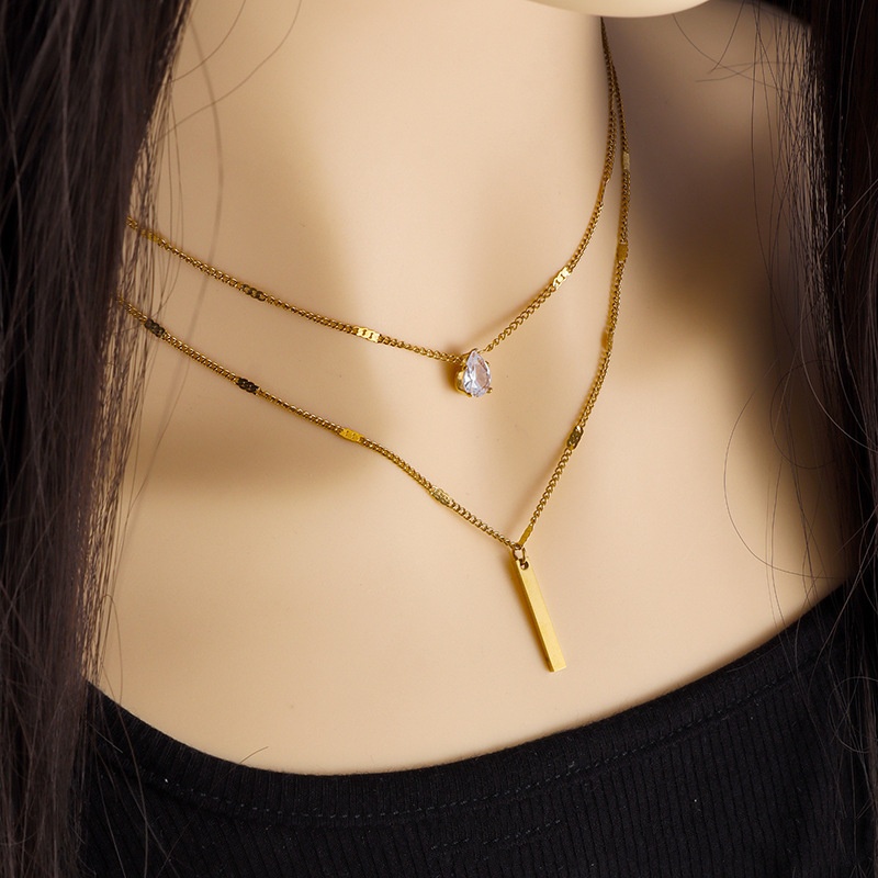 2 Layer Chain Necklace with Crystal Heart Stick Pendant Trendy Women ...