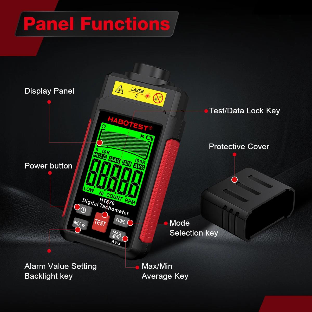 HABOTEST HT670 Digital Laser Tachometer Non-Contact RPM Meter 2.5 ...