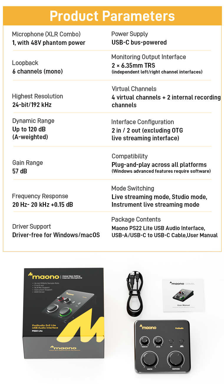 Maono PS22 Lite USB Audio Interface with XLR Input 24-bit/192kHz ...