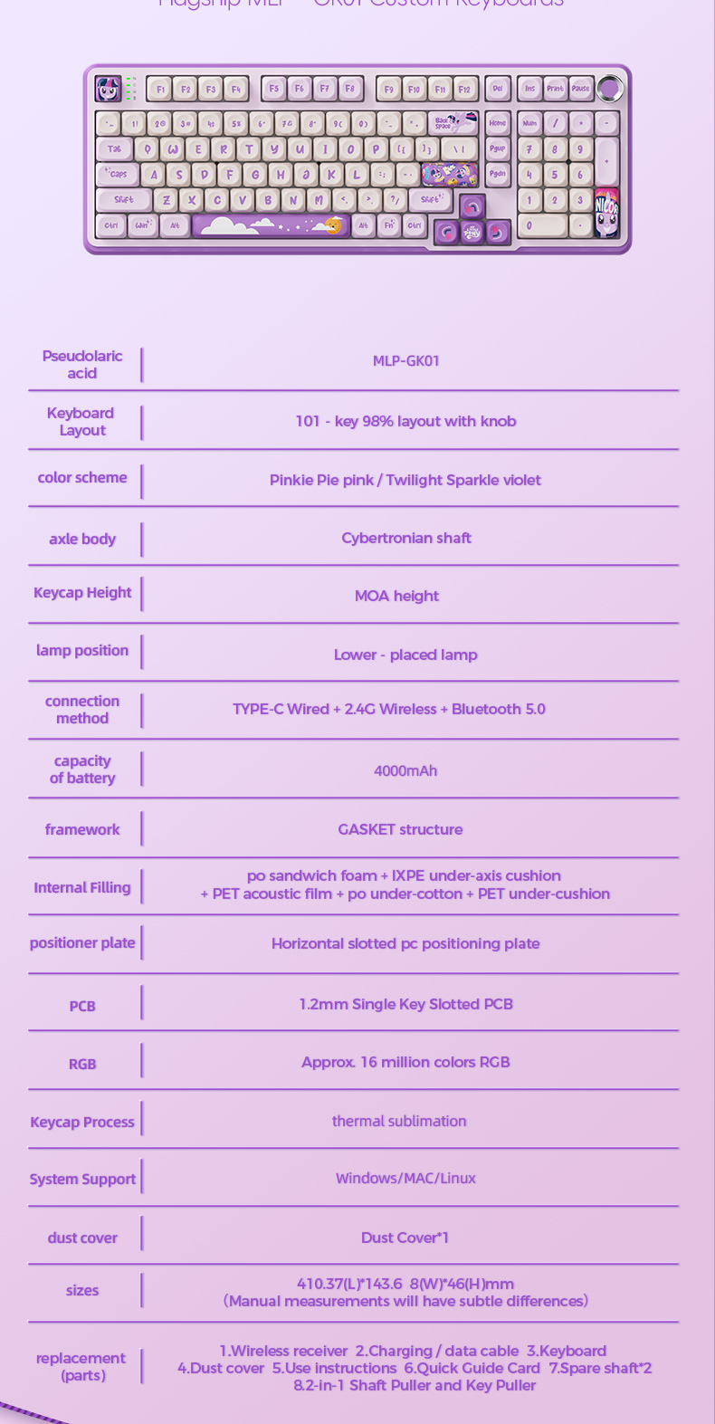 My Little Pony GK01 Mechanical Keyboard Wireless 101 Keys Hot-Swap RGB ...