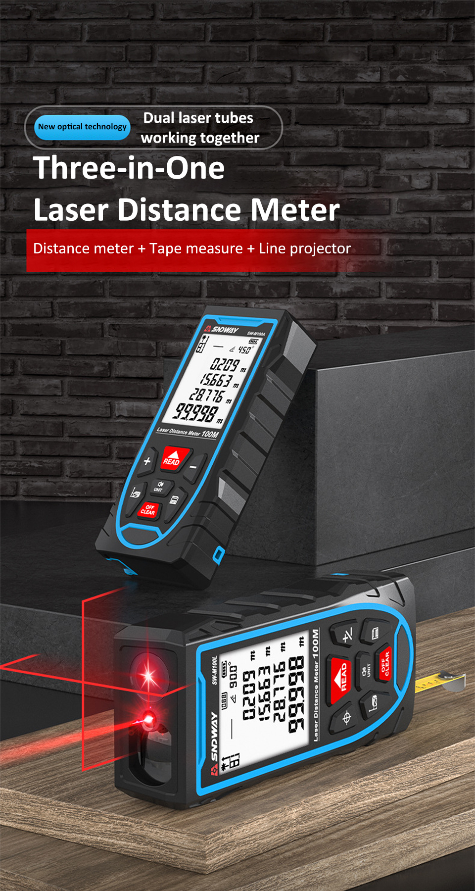 3in1 Laser Rangefinder Digital Distance Finder 2M Rechargeable Laser ...