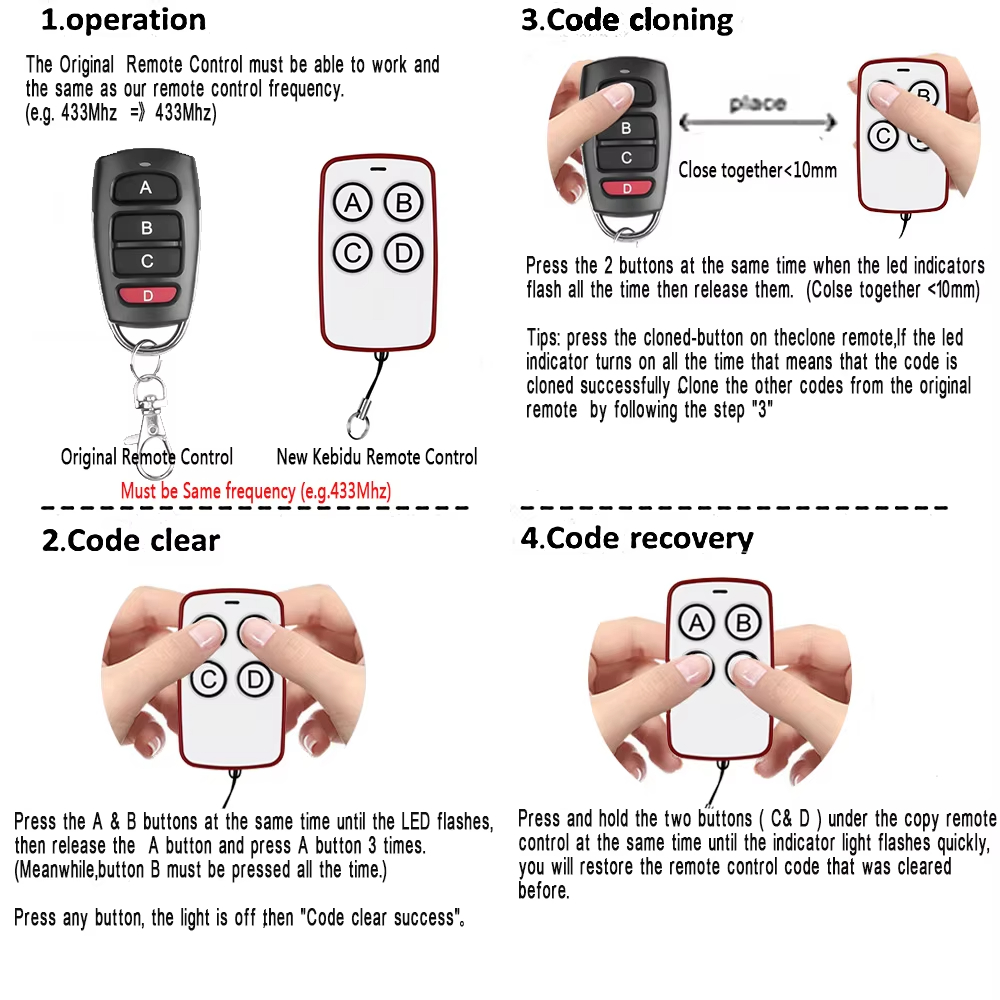 5Pcs 433Mhz Remote Control Multi-function Wireless RF Copyable Rolling ...