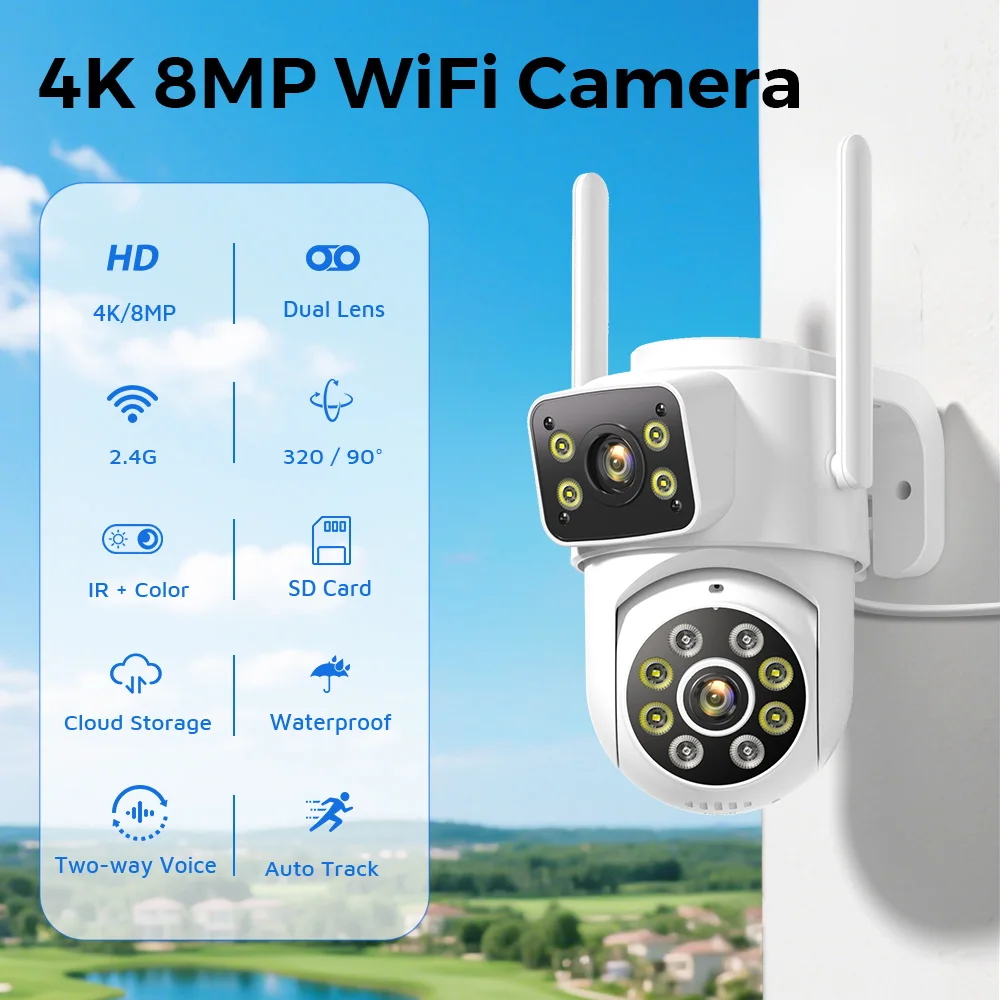 HAMCUS Dual Lens Dual Screen 4K 8MP PTZ WiFi Camera Motion Detection ...