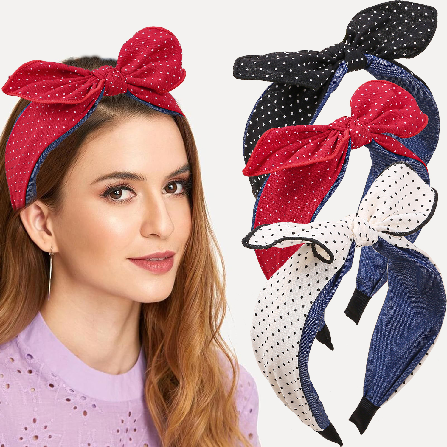Polka Dot Knotted Bunny Ear Wide Headband Elegant Hair Hoop for Girls ...