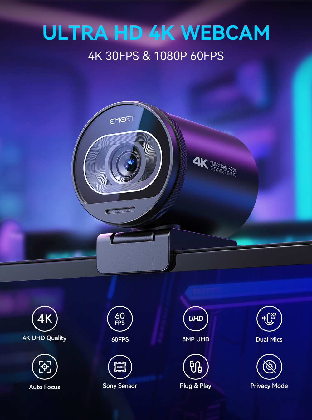 EMEET S600 4K Webcam Adjustable FOV Advanced PDAF Autofocus 1080P 60FPS ...