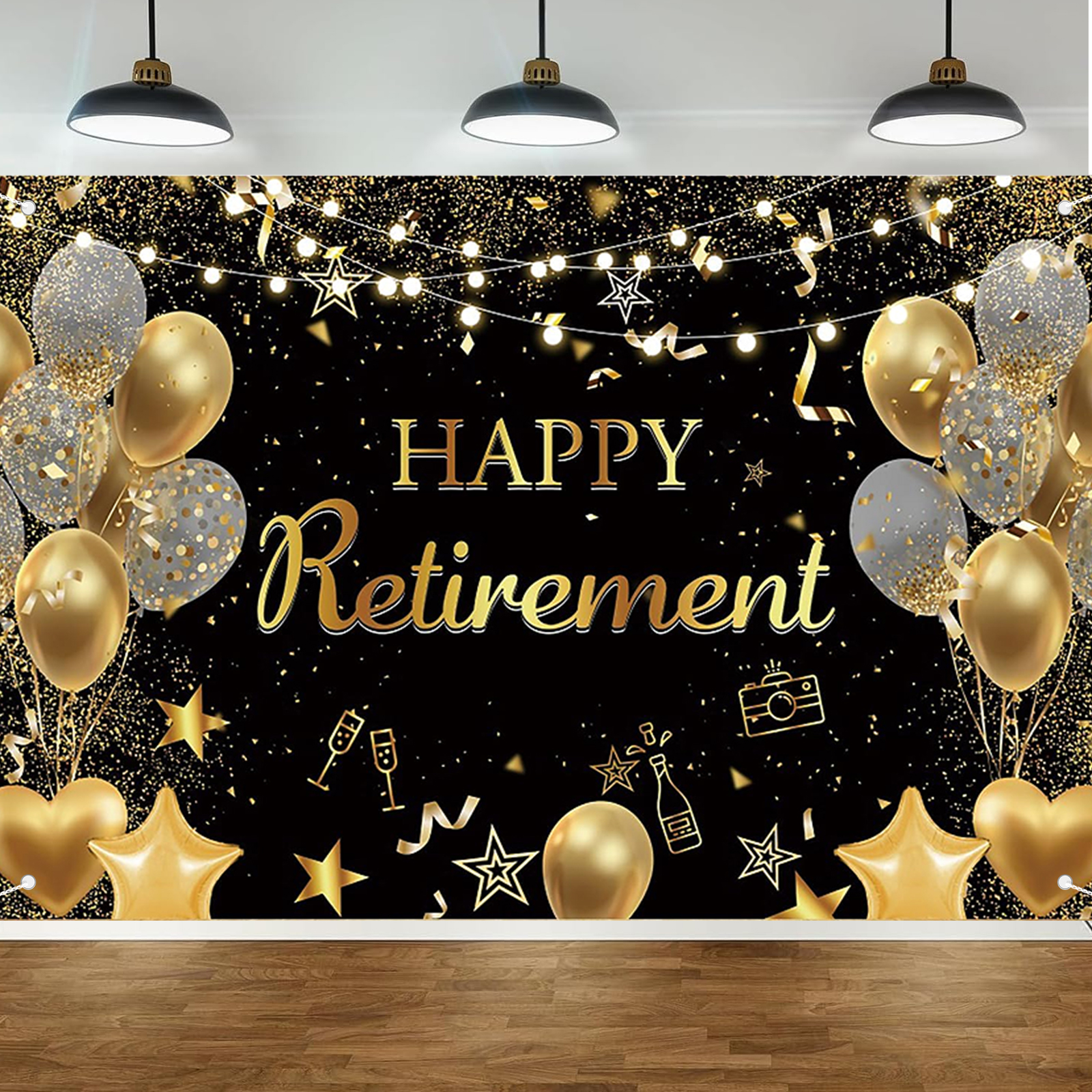 Happy Retirement Backdrop Black and Gold Glitter Dots Photography ...