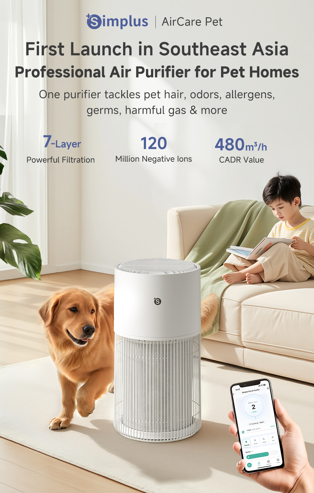Simplus Pet Air Purifier 480m³/h CADR Rate 7-Stage Filtration APP ...