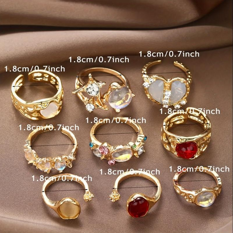Vintage Punk 9-Piece Ring Set Faux Ruby Adjustable Cat Eye Rings ...