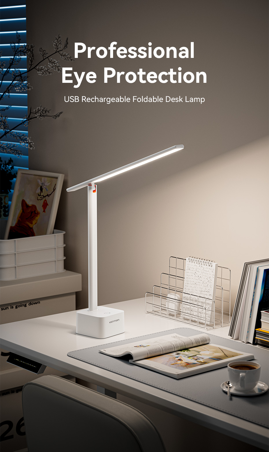 Vention Desk Lamp 3-Level Color Temp USB-C Rechargeable & Plug-in 180 ...