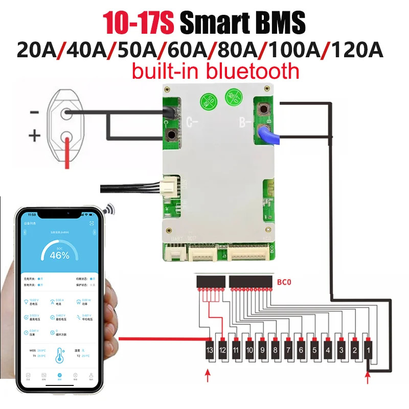 JBD BMS LiFePo4 Li-ion 4S 7S 8S 10S 13S 16S 17S 40A 50A 100A Smart BT ...