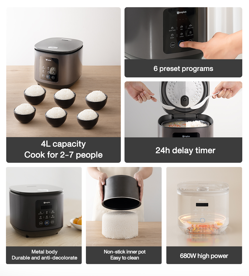 Simplus Rice Cooker 4L Nonstick Inner Pot 24-hour Delay Timer & 6 ...