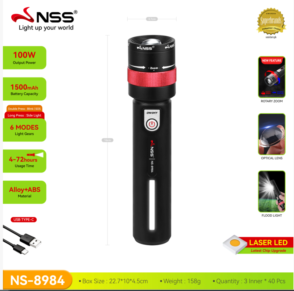 NSS LED Flashlight Portable Rechargeable Rotary Torch Hiking Waterproof ...