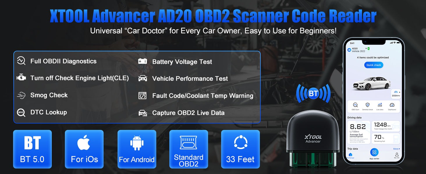 XTOOL AD20 Basic OBD2 Scanner Check Engine Light Fault Code Reader ...