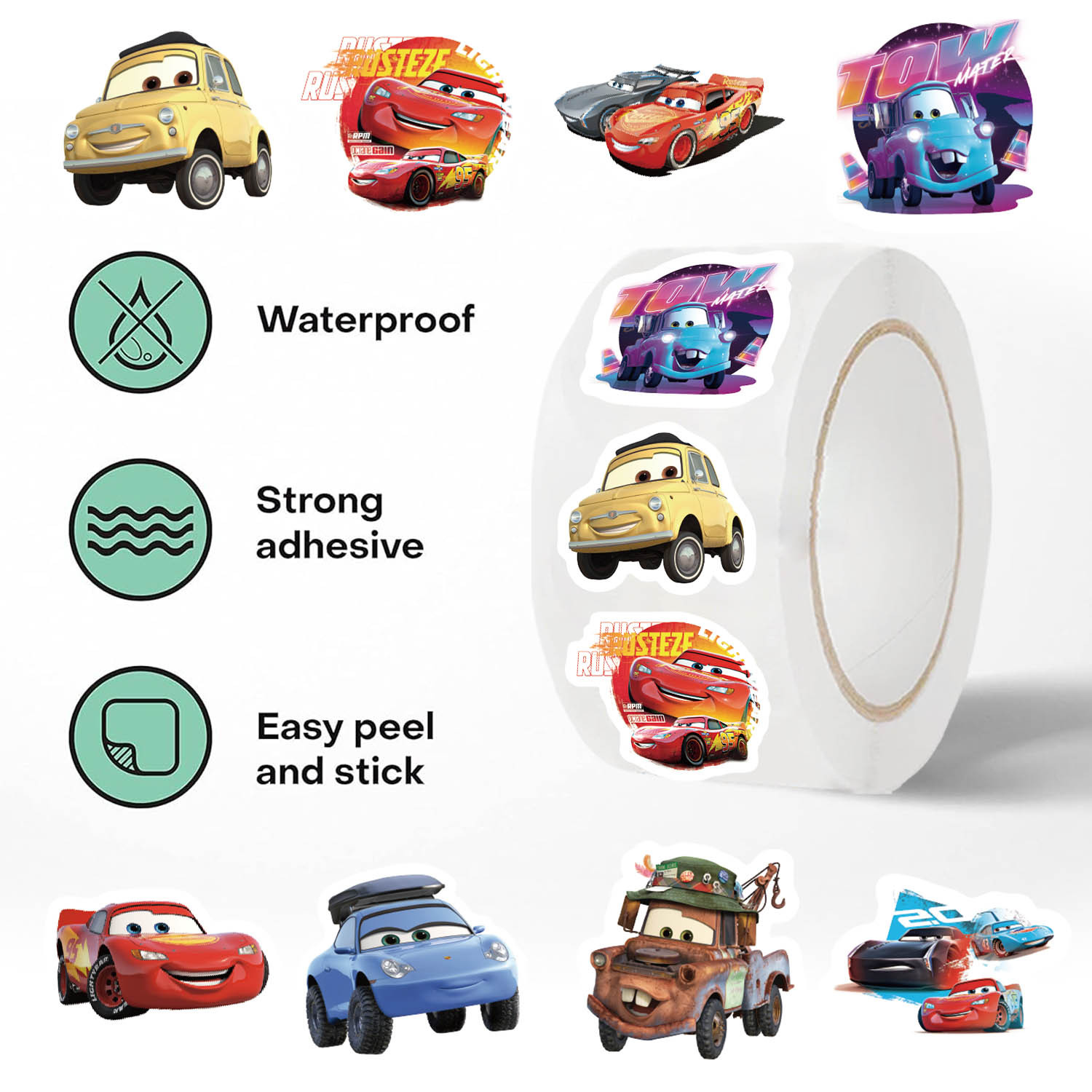 500Pcs/Roll Disney Cars Stickers Lightning McQueen Decals Phone ...