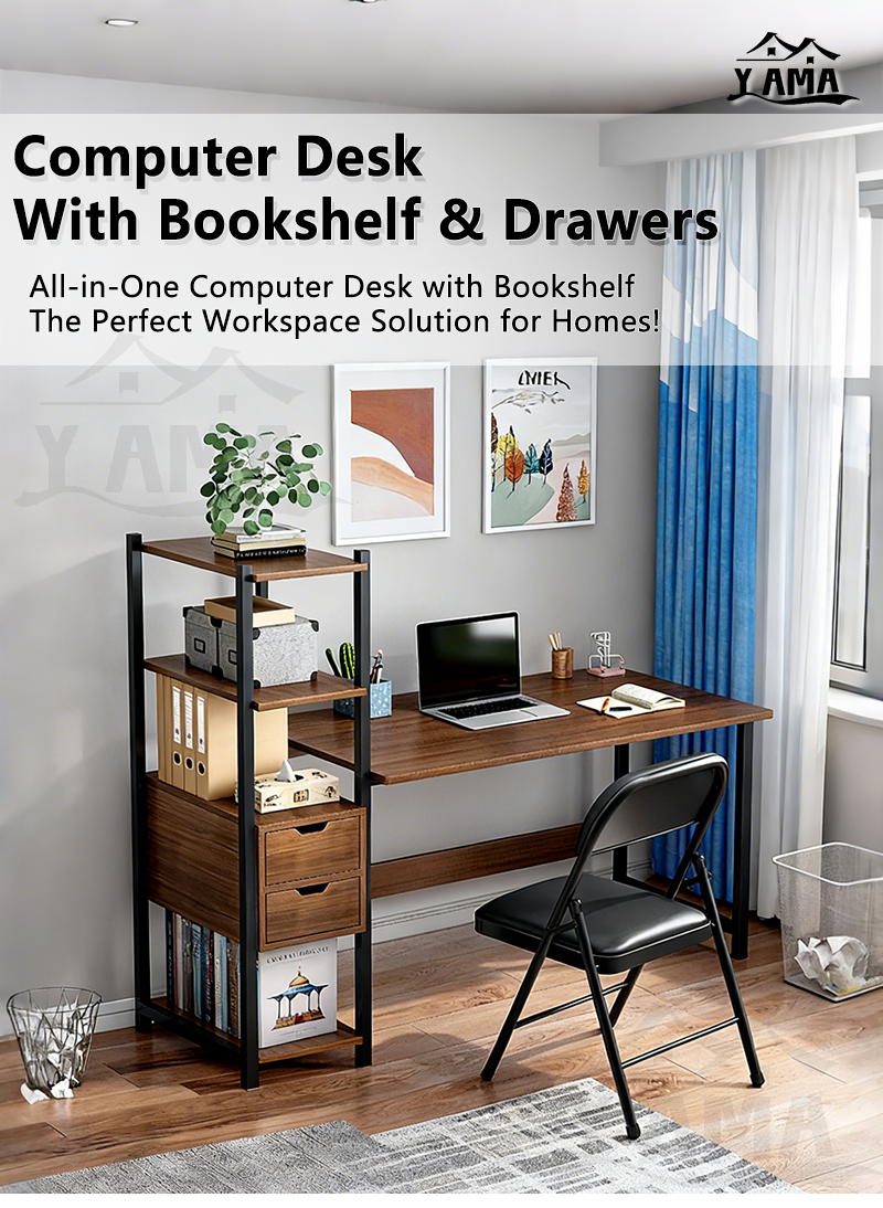 Computer Desk with Bookshelf & Drawers Desktop Study Table Moisture ...