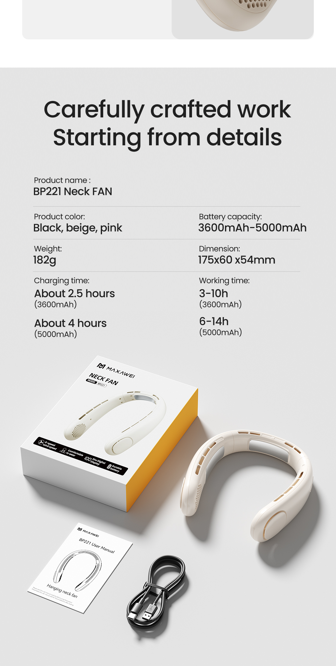 MAXAWEI Neck Fan 5000mAh Battery life 16 hours Portable Fan Rapid ...