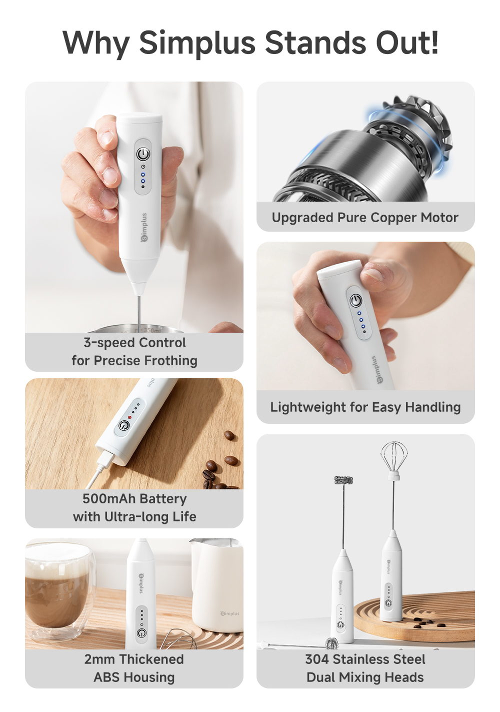 Simplus Electric Handheld Mixer Milk Frother & Egg Whisk Long-Lasting ...