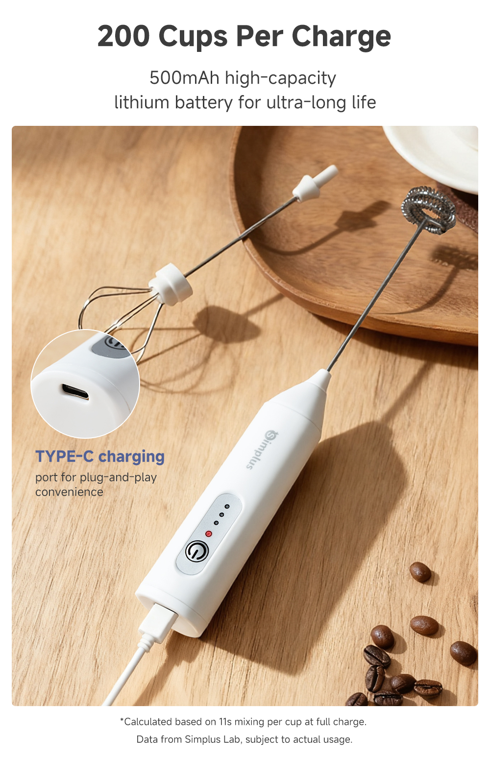 Simplus Electric Milk Frother & Egg Whisk Wireless Handheld for Coffee ...