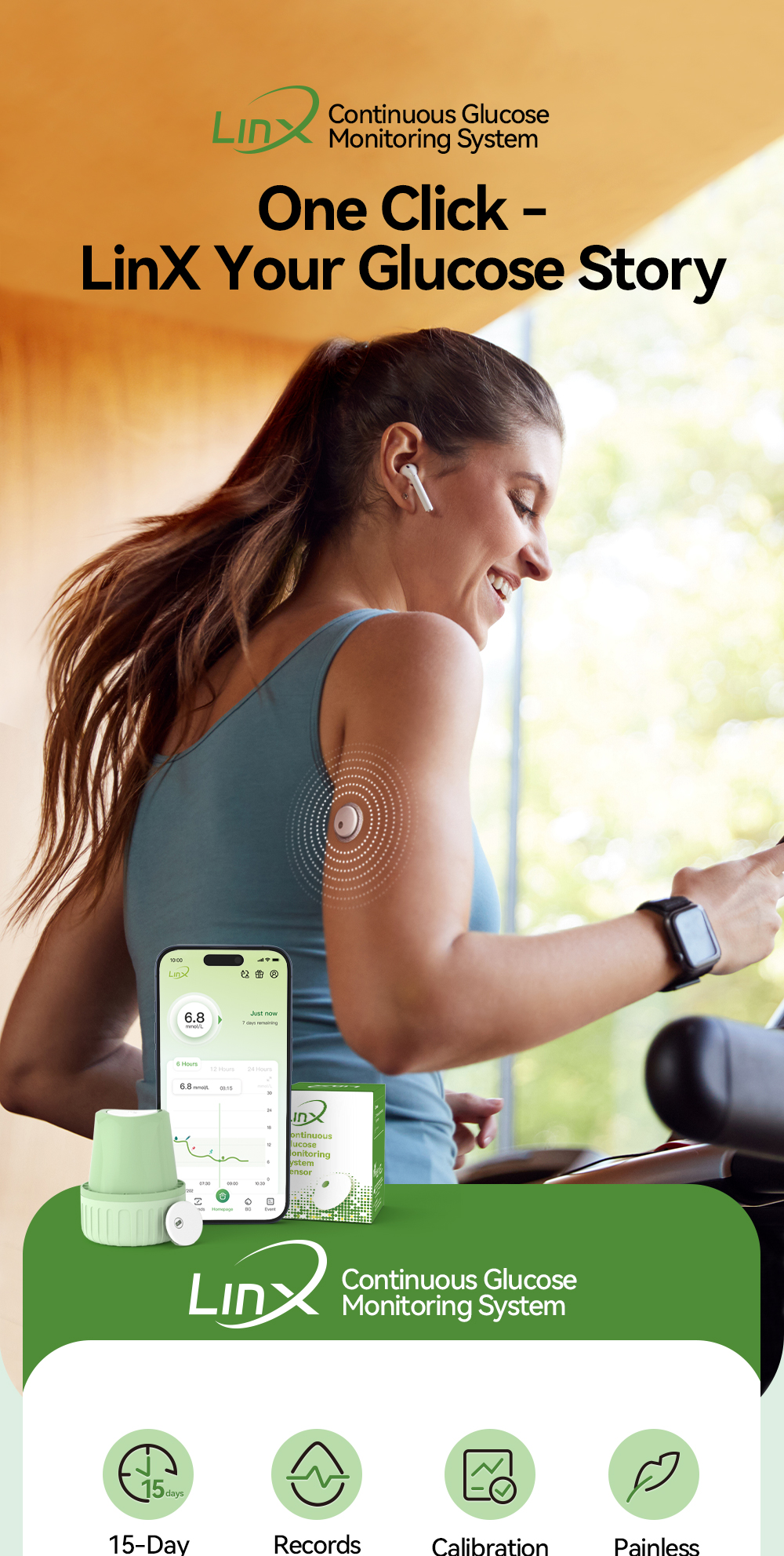 LinX CGM Sensor 2Sets 15-Day Continuous Glucose Monitor No Finger ...