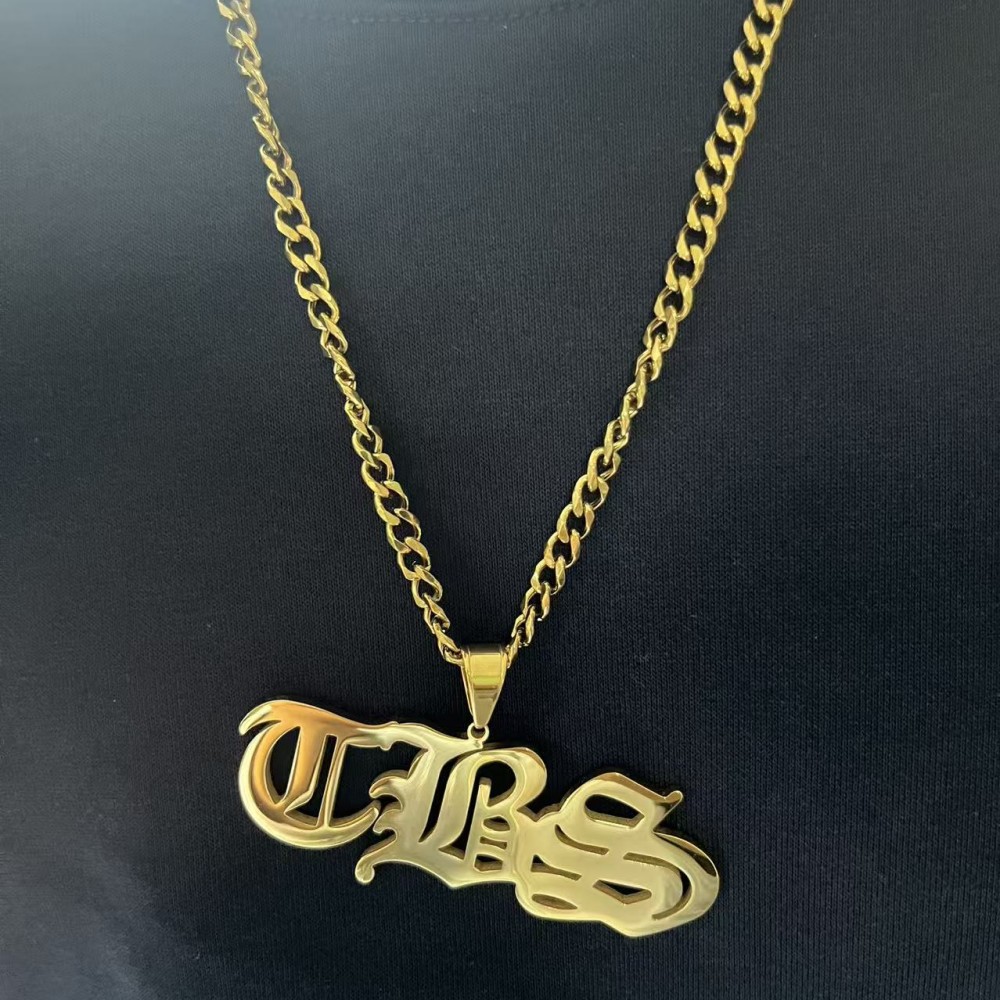 Stainless Steel TBS Letters Pendant Neckalce with Cuban Chain 6mmx24 ...