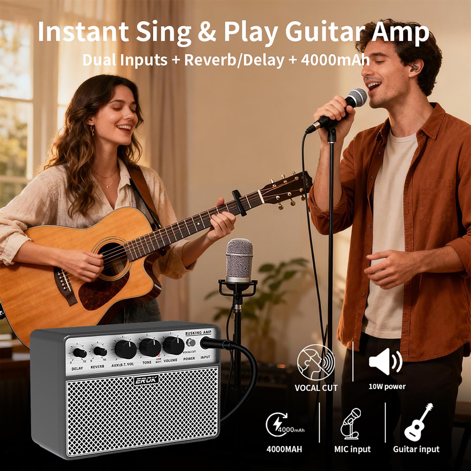 EROK BA-10 Pro Acoustic Guitar Amp, Portable Vocal & Guitar Amplifier ...