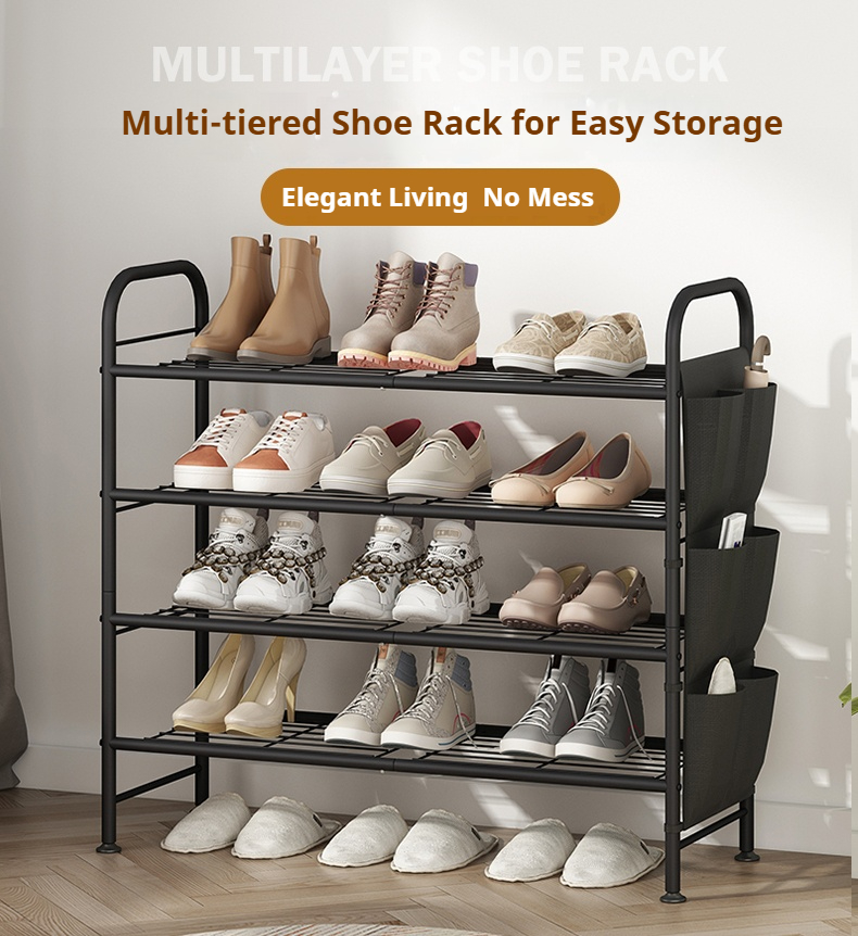 Metal Shoe Rack 3-Layer Storage Rack Shoe Cabinet With Side Pockets ...