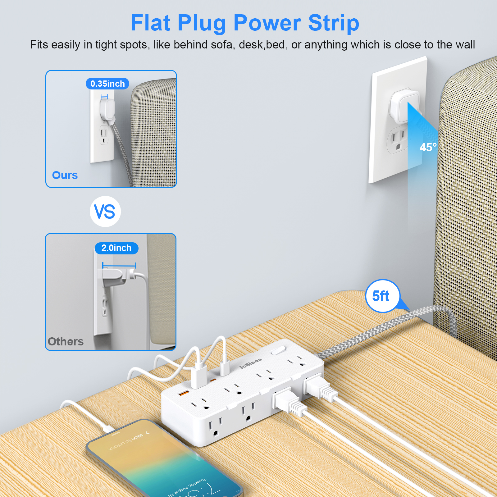 Power Strip Multi Plug Outlet Adapter Surge Protector with 8 Widely ...