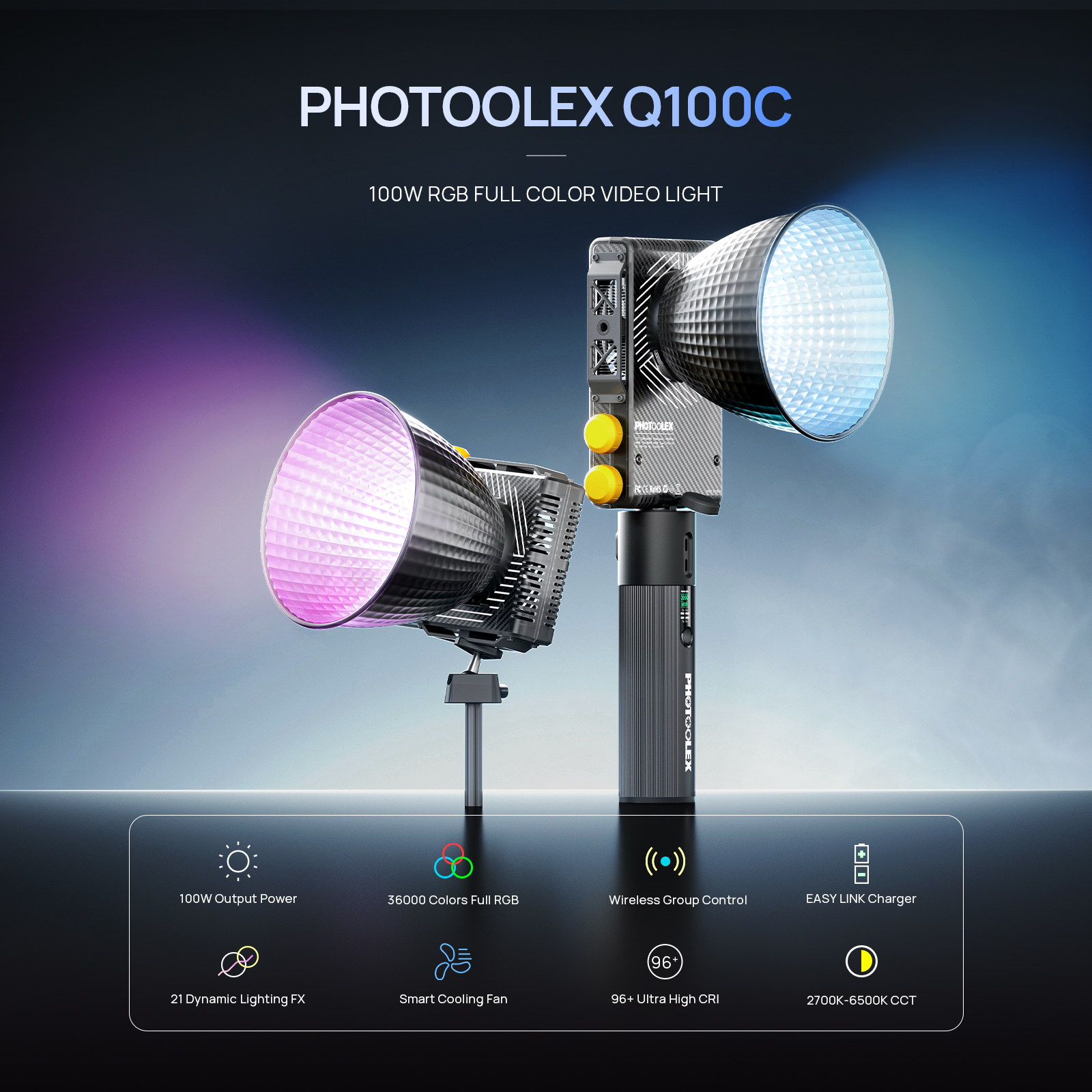 PHOTOOLEX Q100C 100W COB Video Light 72Wh Battery Grip, RGB Full Color ...
