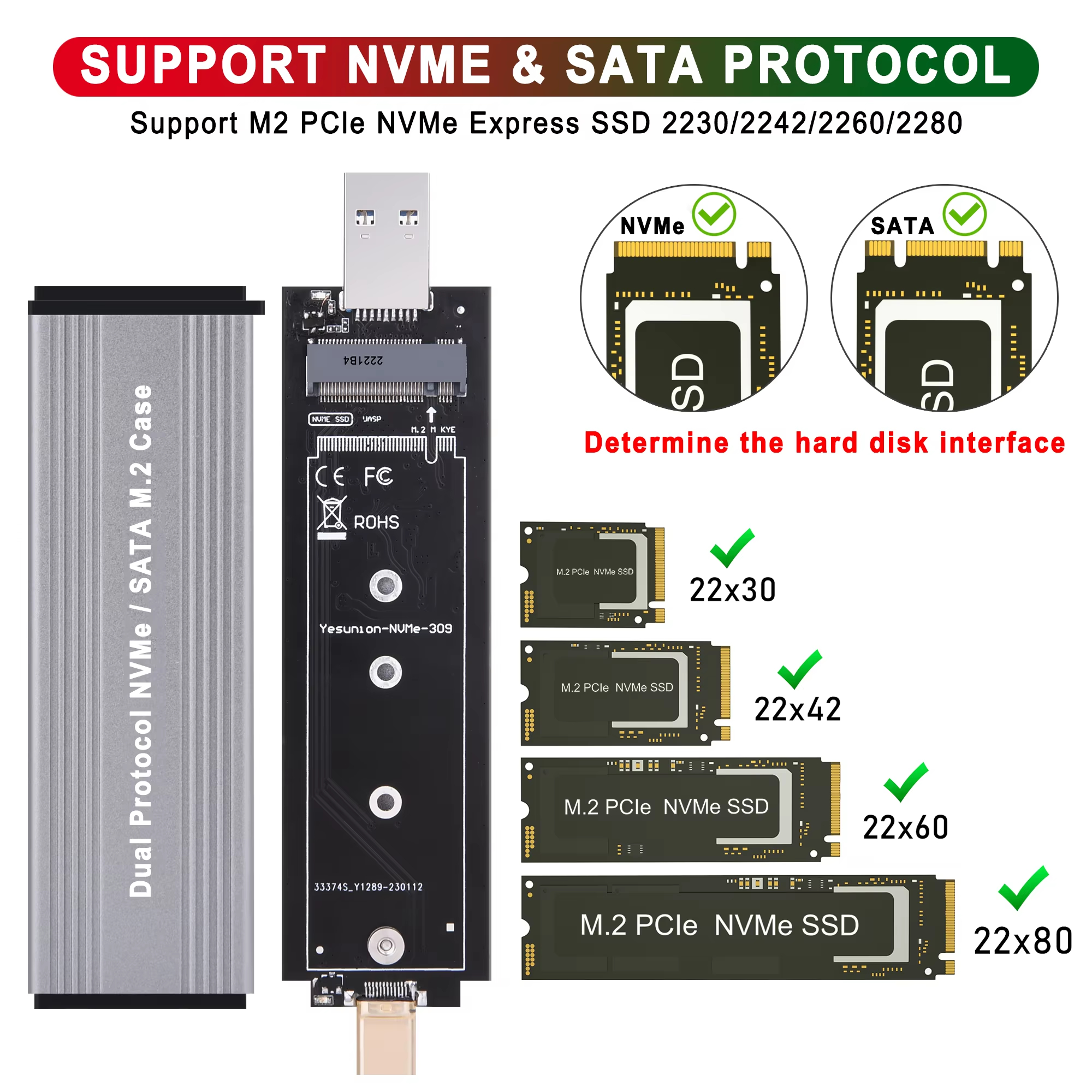 M2 SSD Case Dual Protocols M.2 NVME NGFF SATA Enclosure USB Type C SSD ...