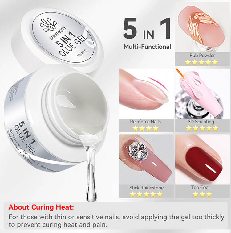 BORN PRETTY 5 IN 1 Glue Gel Polish Rub Powder Reinforce Nails 3D ...